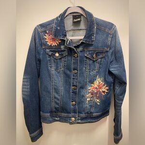 Nanette Lepore Women's Blue Distressed Denim Jacket with Floral Embroidery